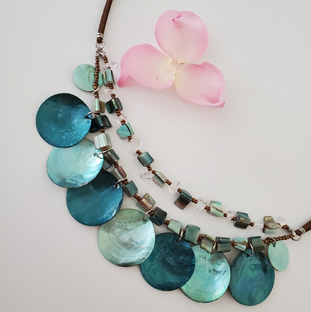 Turquoise capiz shell necklace & earrings